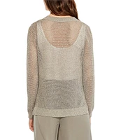 NIC + ZOE Mesh Stitch Metallic V-Neck Long Sleeve High-Low Hem Side Slit Sweater