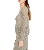 NIC + ZOE Mesh Stitch Metallic V-Neck Long Sleeve High-Low Hem Side Slit Sweater