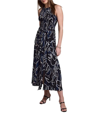NIC + ZOE Midnight Muse Chiffon Smocked Belted Midi Dress