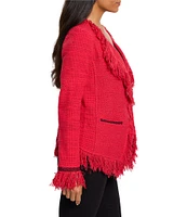 NIC + ZOE Mix Knit Lapel Long Sleeve Fringe Trim Jacket