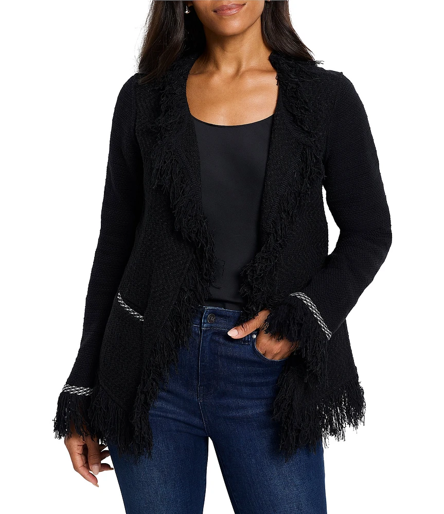 NIC + ZOE Mix Knit Lapel Long Sleeve Fringe Trim Jacket