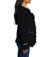 NIC + ZOE Mix Knit Lapel Long Sleeve Fringe Trim Jacket