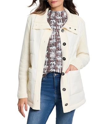 NIC + ZOE Mix Media Quilted Puffer Long Sleeve Fold Collar Jacket