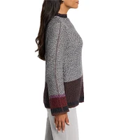 NIC + ZOE Mixed Up Whip Stitch Color Block Mock Neck Long Sleeve Sweater