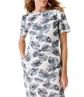 NIC + ZOE NZT Knit Falling Palms Print Boat Neck Short Sleeve Shirt Dress