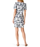 NIC + ZOE NZT Knit Falling Palms Print Boat Neck Short Sleeve Shirt Dress