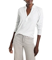 NIC + ZOE NZT Knit Striped Easy Fit Polo Split Neck Long Sleeve Shirt