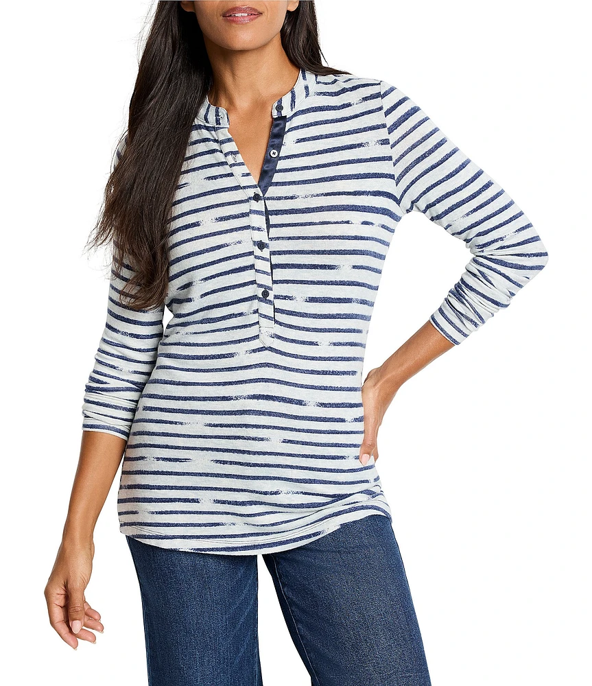 NIC + ZOE NZT Stripe Knit Cozy Round Neck Long Sleeve Henley Top