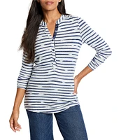 NIC + ZOE NZT Stripe Knit Cozy Round Neck Long Sleeve Henley Top