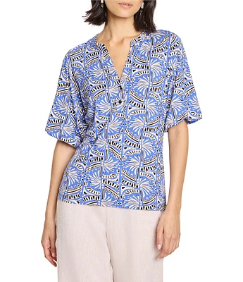 NIC + ZOE Ocean Print Split V-Neck Elbow Puff Sleeve Top