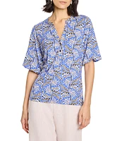 NIC + ZOE Ocean Print Split V-Neck Elbow Puff Sleeve Top