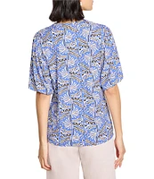 NIC + ZOE Ocean Print Split V-Neck Elbow Puff Sleeve Top