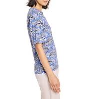 NIC + ZOE Ocean Print Split V-Neck Elbow Puff Sleeve Top