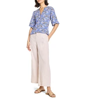 NIC + ZOE Ocean Print Split V-Neck Elbow Puff Sleeve Top