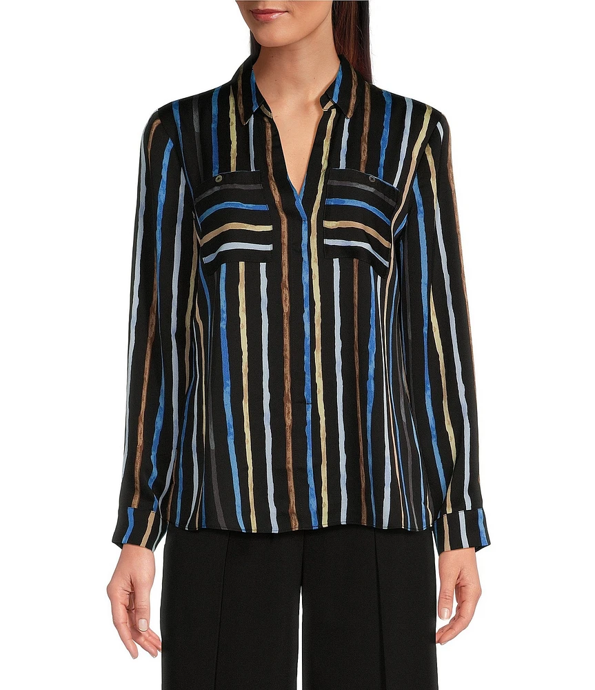 NIC + ZOE Onyx Painted Stripe Point Collar Long Sleeve Top