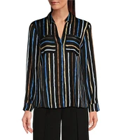 NIC + ZOE Onyx Painted Stripe Point Collar Long Sleeve Top