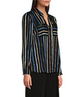 NIC + ZOE Onyx Painted Stripe Point Collar Long Sleeve Top