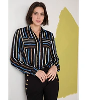 NIC + ZOE Onyx Painted Stripe Point Collar Long Sleeve Top