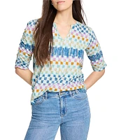 NIC + ZOE Painted Blocks Split V-Neck Ruched Elbow Sleeve Top