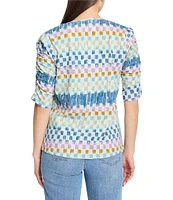 NIC + ZOE Painted Blocks Split V-Neck Ruched Elbow Sleeve Top
