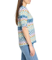 NIC + ZOE Painted Blocks Split V-Neck Ruched Elbow Sleeve Top