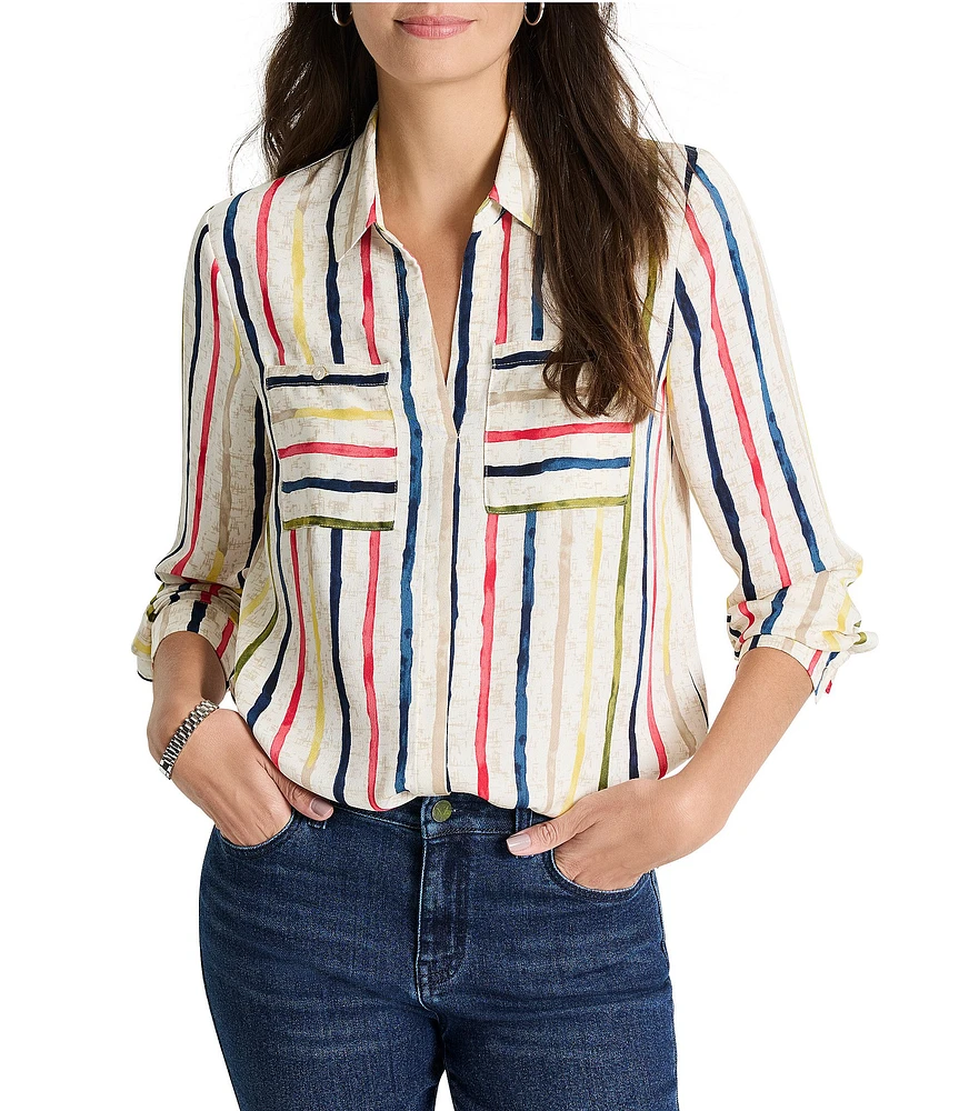 NIC + ZOE Painted Stripe Collar V-Neck Long Sleeve Top