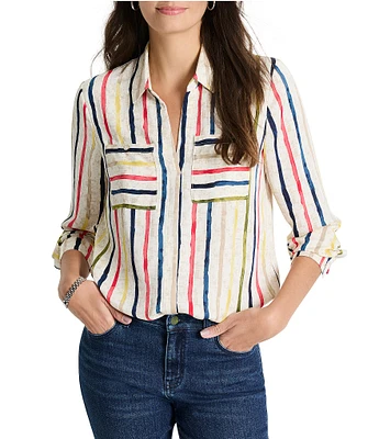 NIC + ZOE Painted Stripe Collar V-Neck Long Sleeve Top