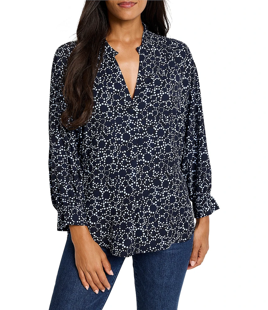 NIC + ZOE Pearl Garden Print Split V-Neck Long Sleeve Back Cinch Top