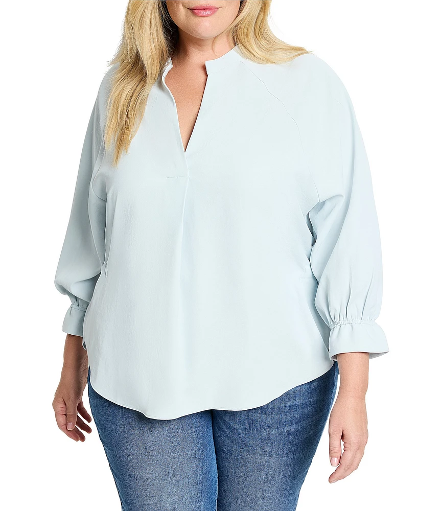 NIC + ZOE Plus Breezy Cinch Split Neck Long Sleeve Back Cinch Top