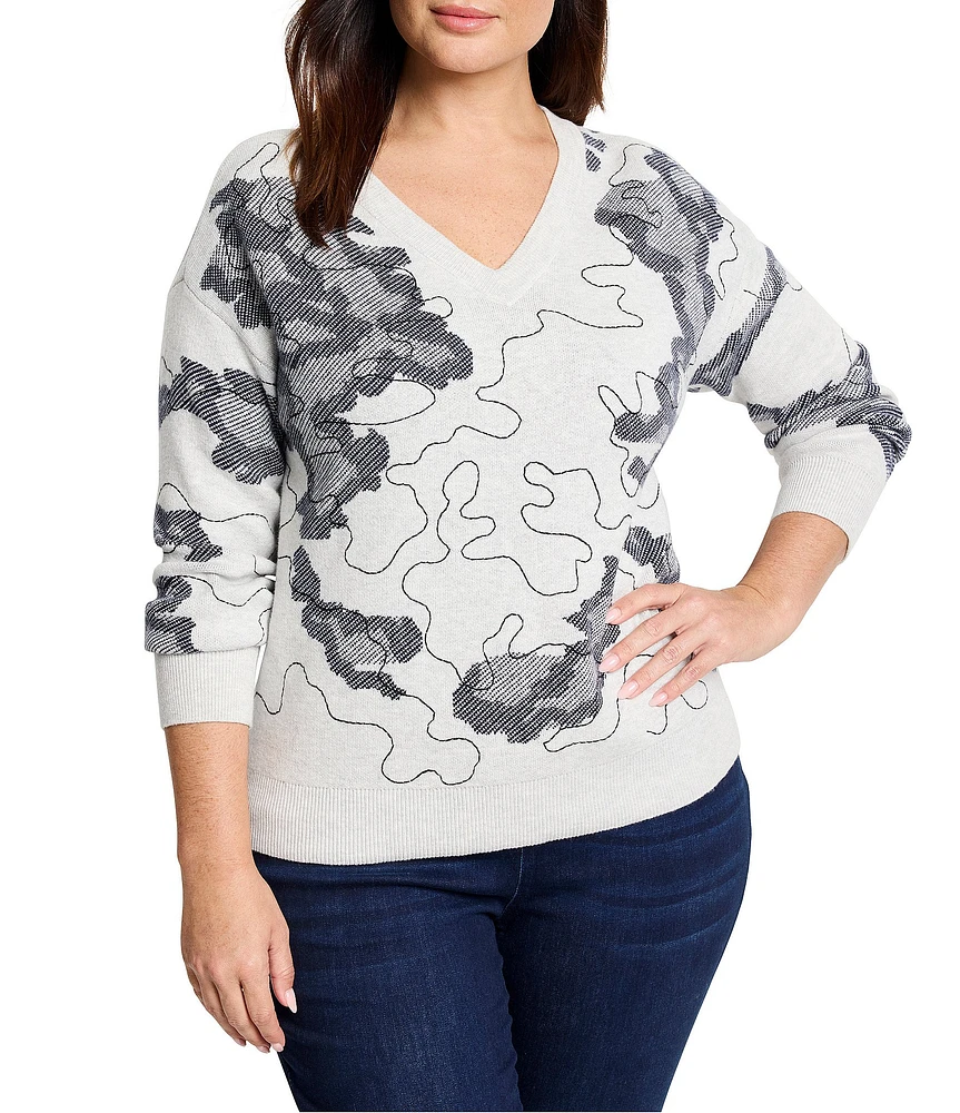 NIC + ZOE Plus Direction Drift Knit V-Neck Long Sleeve Sweater