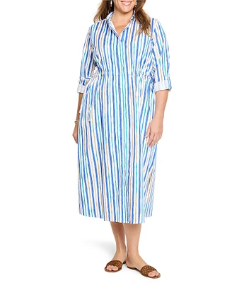 NIC + ZOE Plus Jamie Oasis Stripe Print Point Collar Long Sleeve Shirt Dress