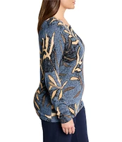 NIC + ZOE Plus Knit Midnight Fern Round Neck Long Sleeve Sweater