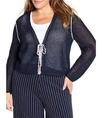 NIC + ZOE Plus Mesh V-Neck Long Sleeve Tie Cardigan