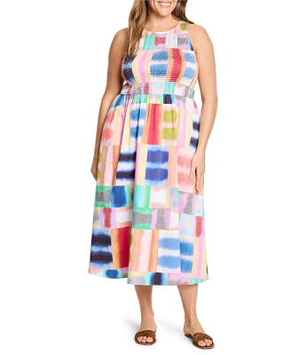 NIC + ZOE Plus Size Anna Portofino Print Round Neck Sleeveless Fit-And-Flare Midi Dress