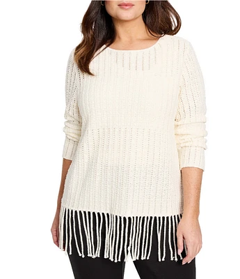 NIC + ZOE Plus Size Beach Walk Round Neck Long Sleeve Fringe Sweater