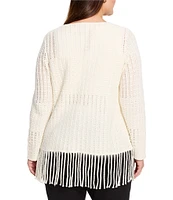 NIC + ZOE Plus Size Beach Walk Round Neck Long Sleeve Fringe Sweater