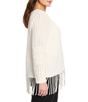 NIC + ZOE Plus Size Beach Walk Round Neck Long Sleeve Fringe Sweater
