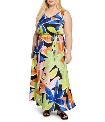 NIC + ZOE Plus Size Bianca Mega Blooms V-Neck Sleeveless Tie Waist Maxi Dress