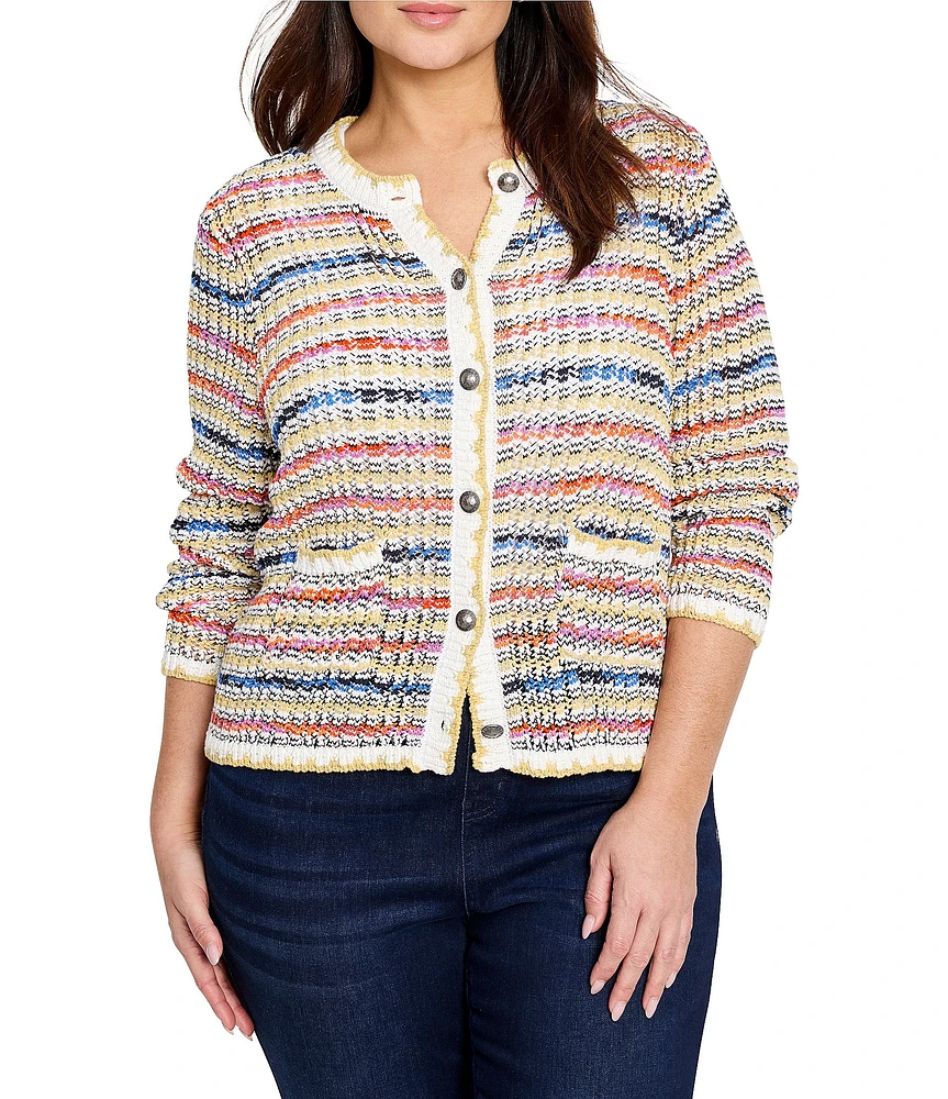 NIC + ZOE Plus Size Coastal Crochet Knit Round Neck Long Sleeve Cardigan