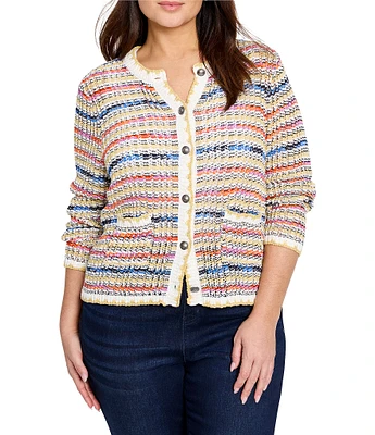 NIC + ZOE Plus Size Coastal Crochet Knit Round Neck Long Sleeve Cardigan