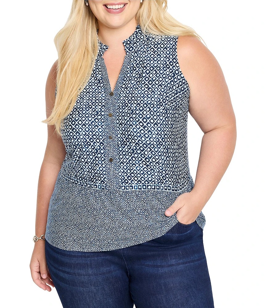 NIC + ZOE Plus Size Coastal Geo Print Split Neck Sleeveless Faux Button Tank