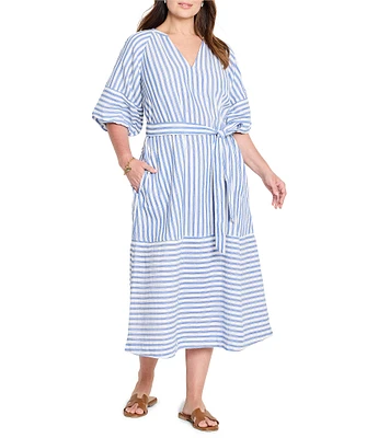 NIC + ZOE Plus Size Double Gauze Mixed Stripe V-Neck Elbow Sleeve Midi Dress