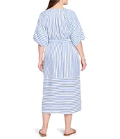 NIC + ZOE Plus Size Double Gauze Mixed Stripe V-Neck Elbow Sleeve Midi Dress