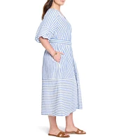 NIC + ZOE Plus Size Double Gauze Mixed Stripe V-Neck Elbow Sleeve Midi Dress