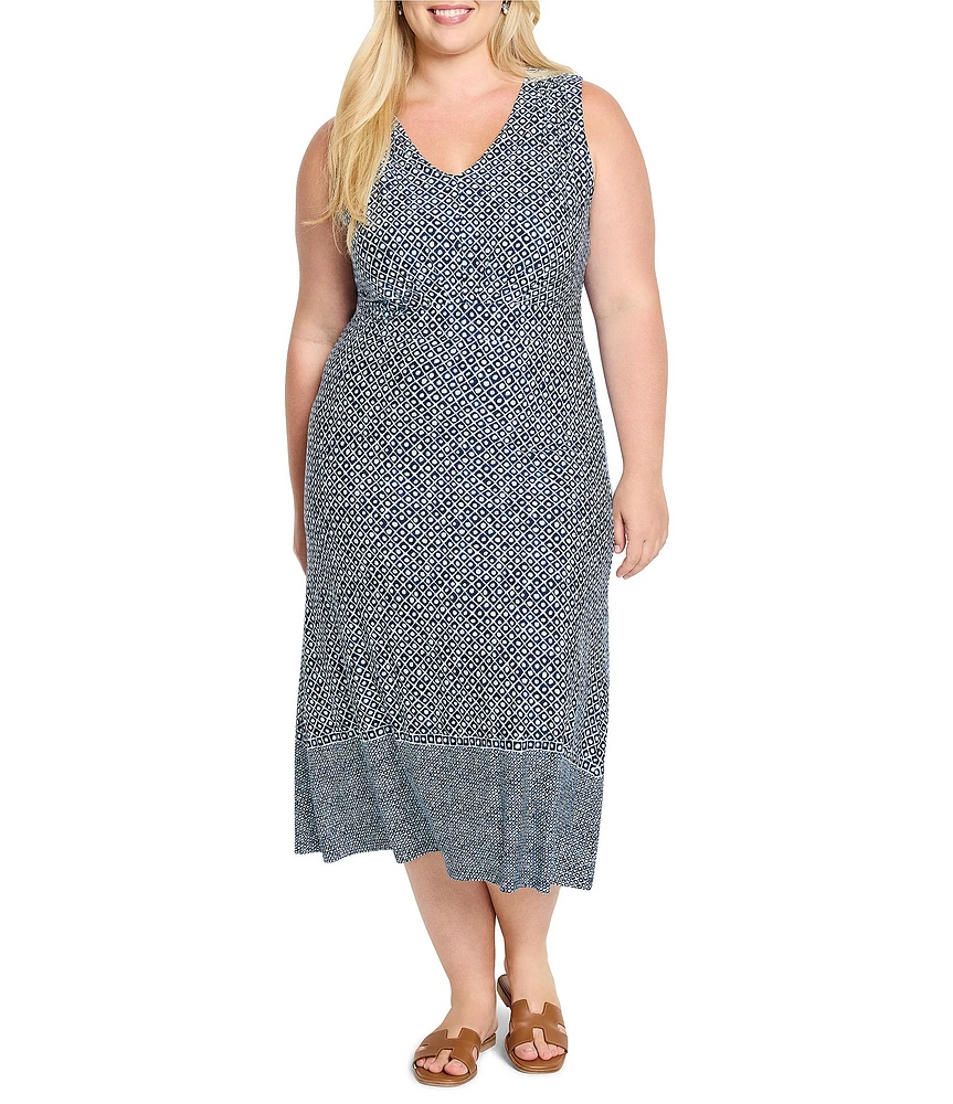 NIC + ZOE Plus Size Ella Costal Geo Print V-Neck Sleeveless Fit-And-Flare Maxi Dress
