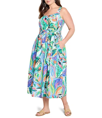 NIC + ZOE Plus Size Island Tropical Beat Sophie Square Neck Sleeveless Fit-And-Flare Midi Dress