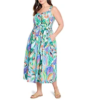 NIC + ZOE Plus Size Island Tropical Beat Sophie Square Neck Sleeveless Fit-And-Flare Midi Dress