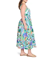 NIC + ZOE Plus Size Island Tropical Beat Sophie Square Neck Sleeveless Fit-And-Flare Midi Dress