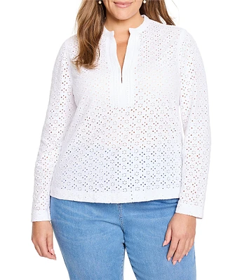 NIC + ZOE Plus Size Knit Eyelet Split Neck Long Sleeve Top