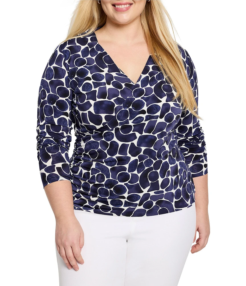 NIC + ZOE Plus Size Knit Geo Pebble Print Collar V-Neck Long Sleeve Wrap Shirt